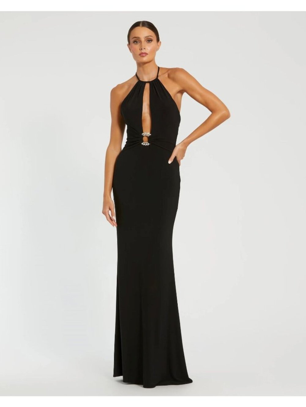 Mac Duggal 42065 Black Halter Neck Cut Out Gown Jeweled Detail Maxi US 4